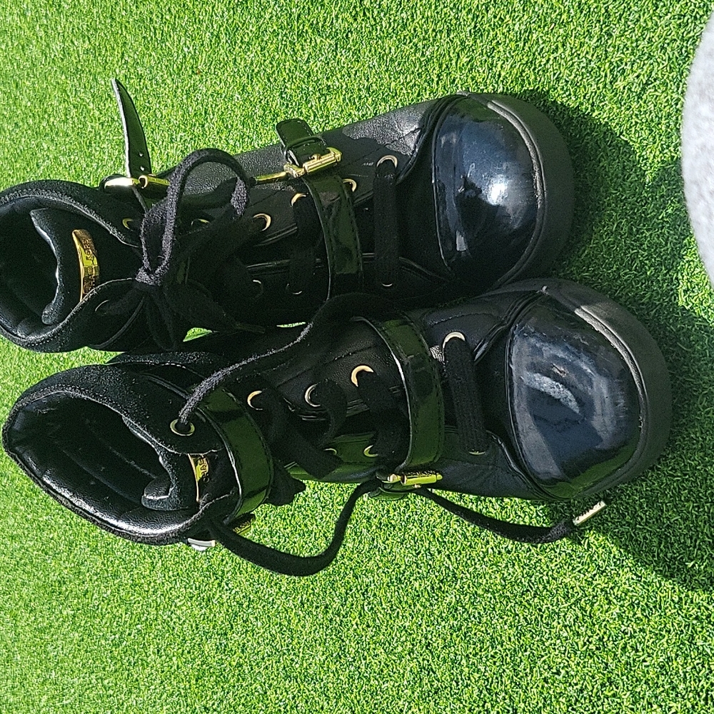 MICHAEL KORS Black Patent LIZZIE Hi Top Wedge Platform Sneakers, signs of wear